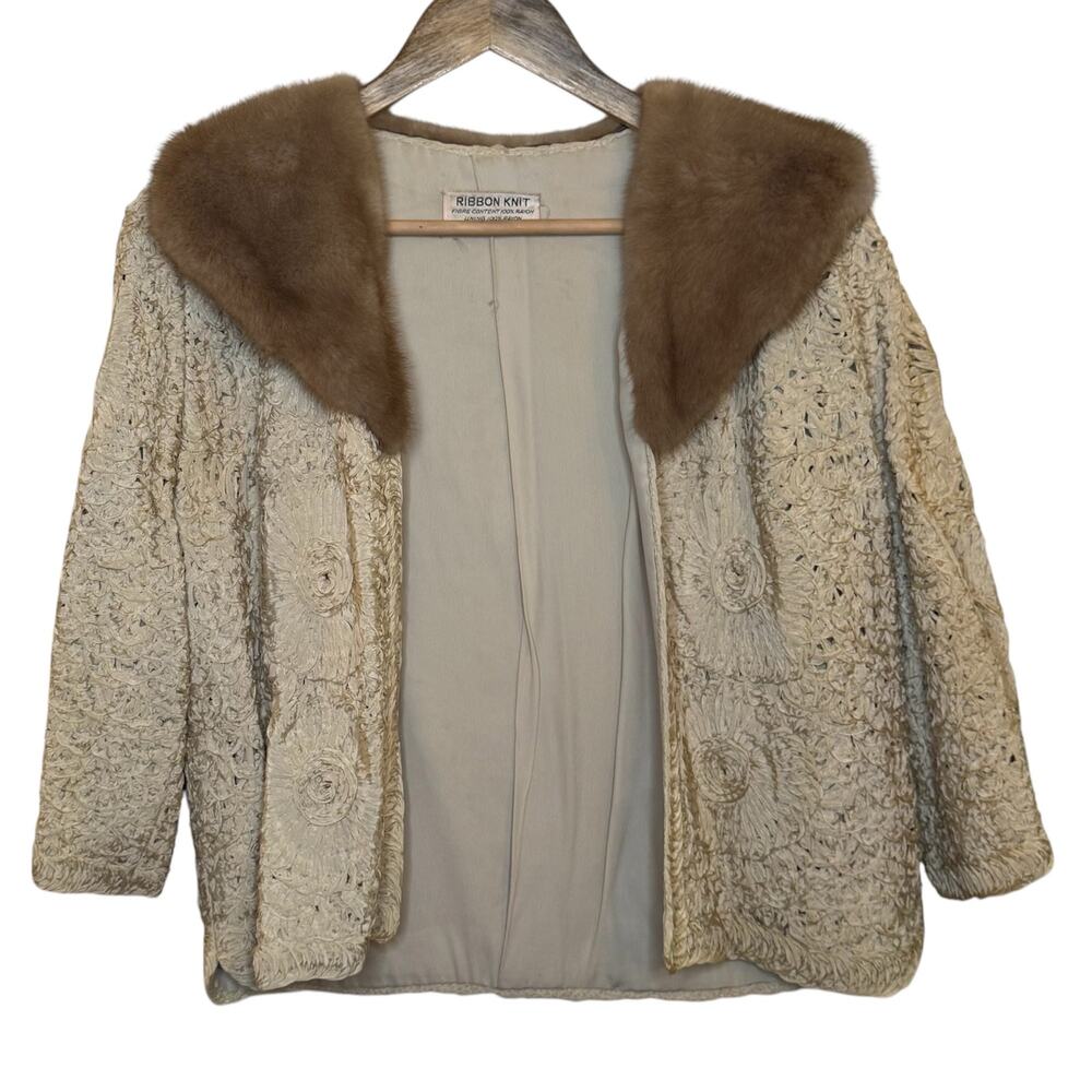 Vtg 1950's Regalia Fur Collar Hand Loomed Ribbon Knit Open Front Cropped Jacket